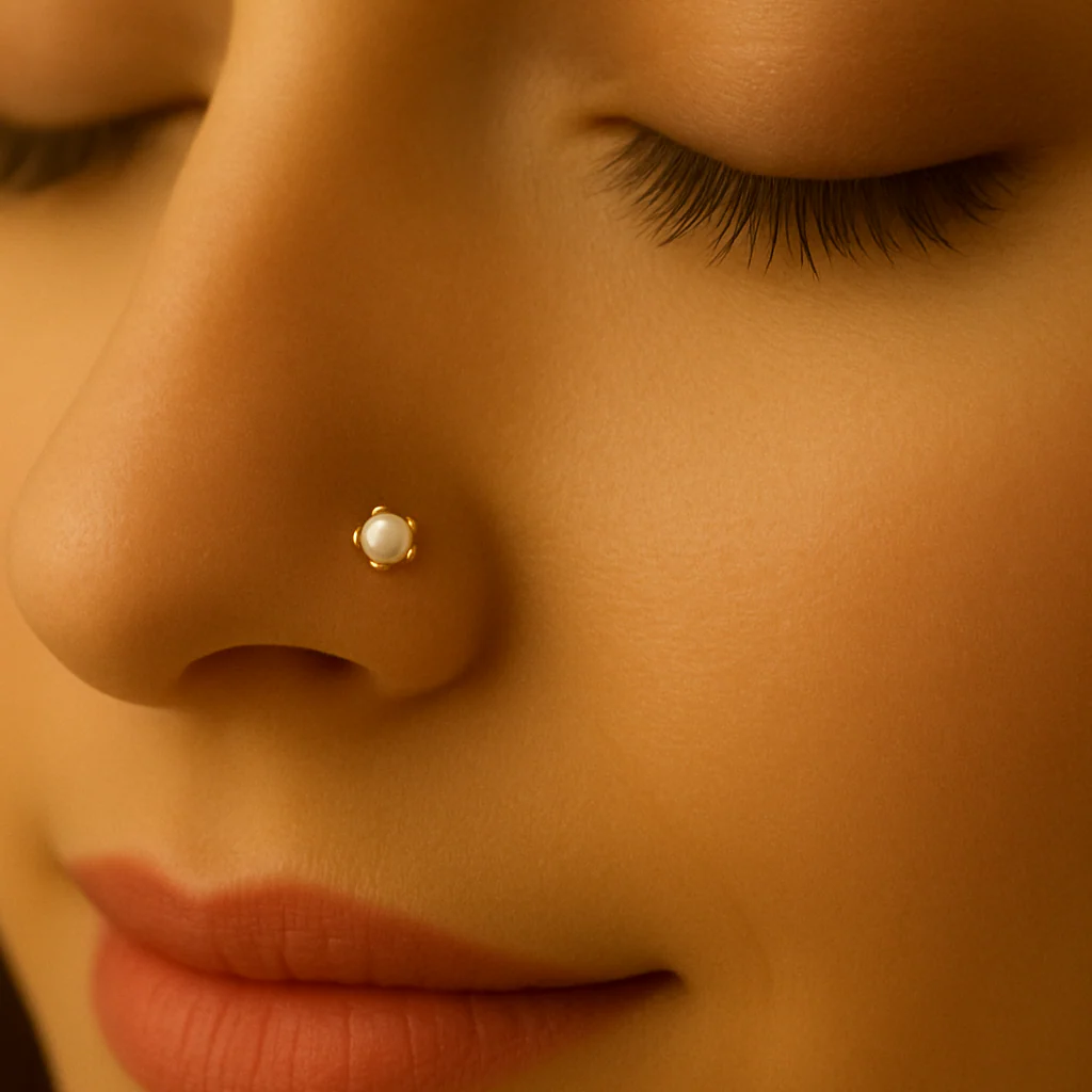 Pearl Glow Gold Polish Silver Nose Pin