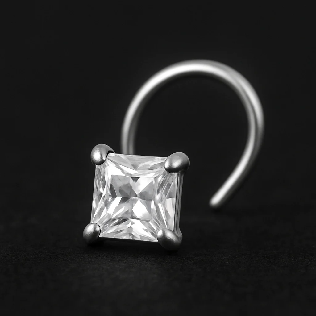 (4 Pcs ₹199 combo) Silver Nose Pin with Square Multicolour Stones